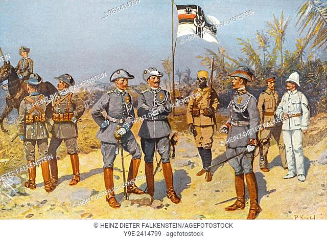 uniforms of Imperial German colonial soldiers in East Africa, 1894, historische Zeichnung, Uniformen kaiserlich deutscher Kolonialsoldaten in Deutsch-Ostafrika
