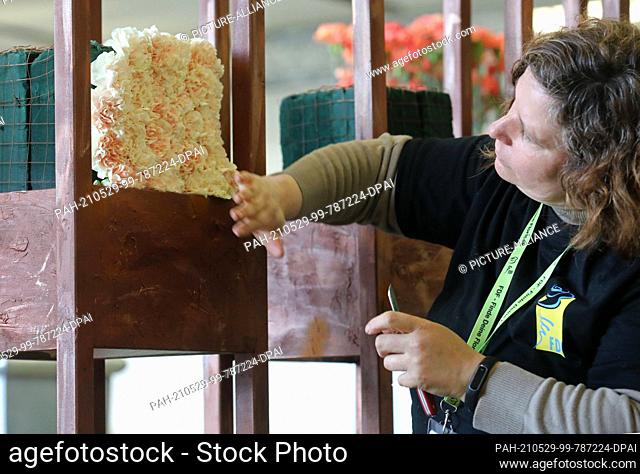 29 May 2021, Thuringia, Erfurt: Florist Anita Fleckenstein works on the competition project ""Dianthus"" at the State Championship of Florists Hesse-Thuringia...