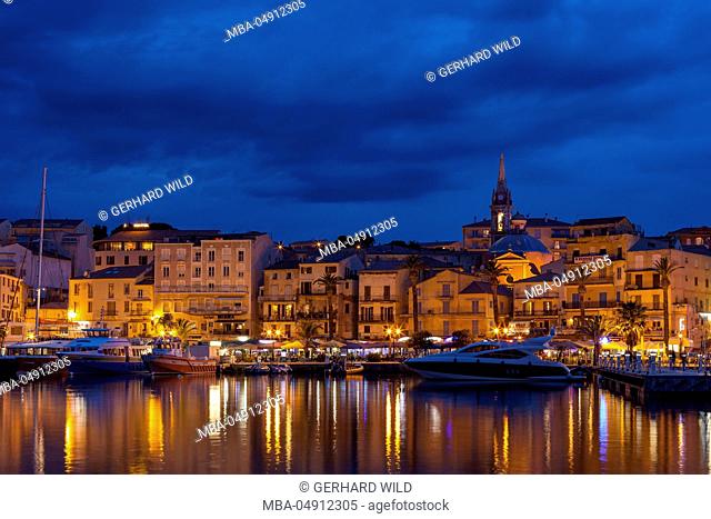 Europe, France, Corsica, Calvi, harbour and houses in the dusk
