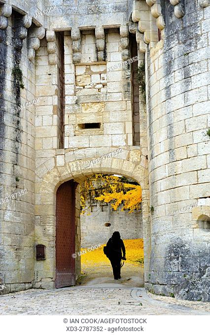 entrance to Chateau Bourdeilles in autumn, Bourdeilles, Dordogne Department, Aquitaine, France