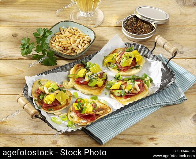 Mini picnic pancakes with salami and pepperoni