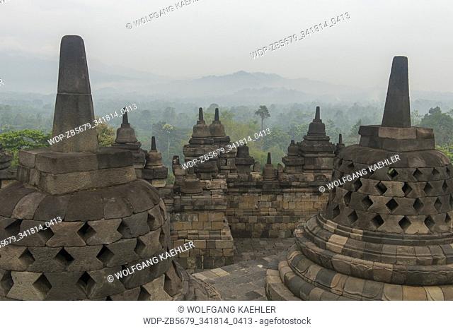 View from the top platform of Borobudur temple (UNESCO World Heritage Site, ninth-century), the largest Buddhist temple in the world