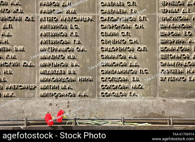 RUSSIA, MOSCOW - SEPTEMBER 3, 2023: Flowers are seen at a memorial plaque for the victims of the 2002 Dubrovka hostage crisis during a memorial event for the...