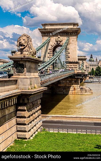 BUDAPEST - JULY 22: Magnificent Chain Bridge in beautiful Budapest. Szechenyi Lanchid is a suspension bridge that spans the River Danube between Buda and Pest