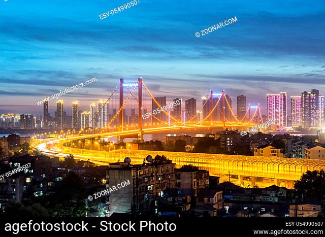 yingwuzhou yangtze river bridge at night, wuhan city, China