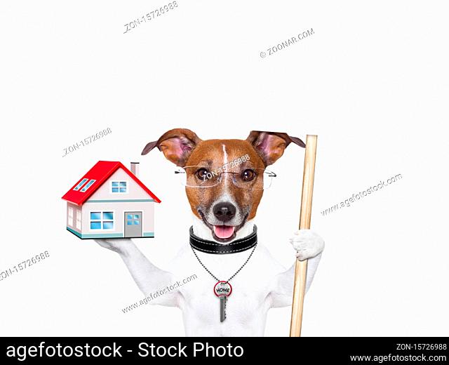 dog holding an empty placard with a house and a key