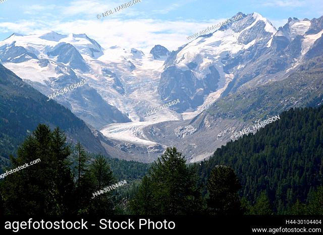 The Piz Bernina (right) and Piz Palu (left) viewed from the Bernina Pass in southern Switzerland above St Moritz