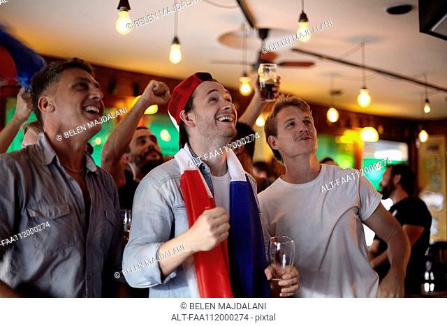 French football fans watching match in bar