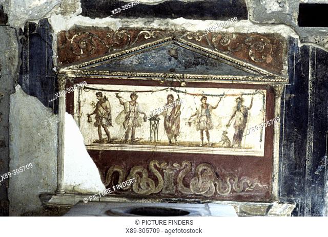 Painting at the 'thermopolium', ruins of the old Roman City. Pompeii. Italy