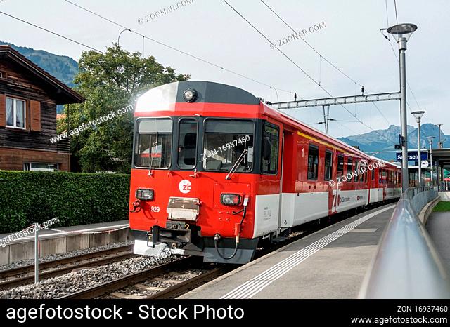 A train at Sachseln Station Obwalden in Switzerland