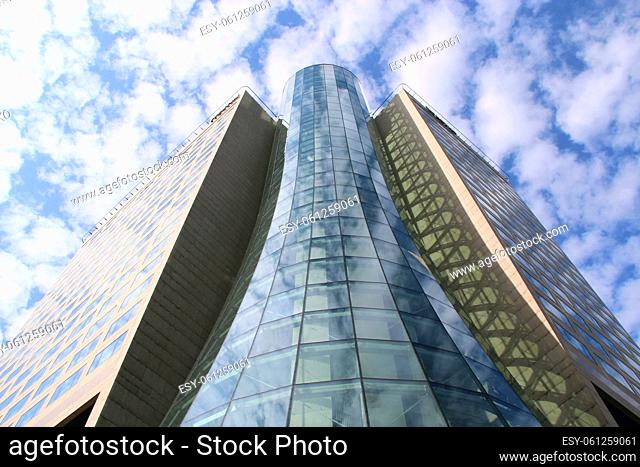 Modern architecture in Warsaw, Poland. Busy traffic in capital of Poland Warsaw city. Beautiful architecture and street in Polish capital Warsaw