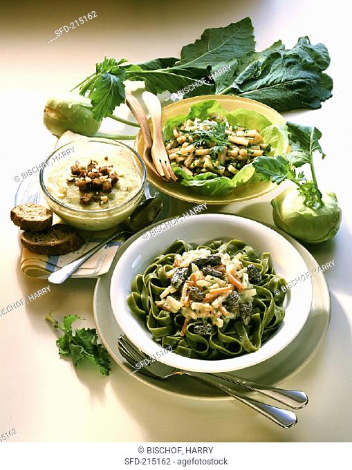 Three kohlrabi dishes: salad, soup, ragout