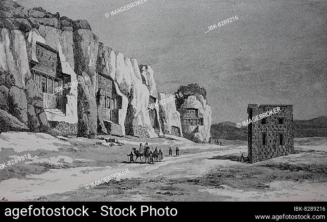 Naqsh-e Rostam with the Ka be-ye Zartusht, fire tower, and the cruciform rock tombs of the kings (from left to right) Darius II, Artaxerxes I