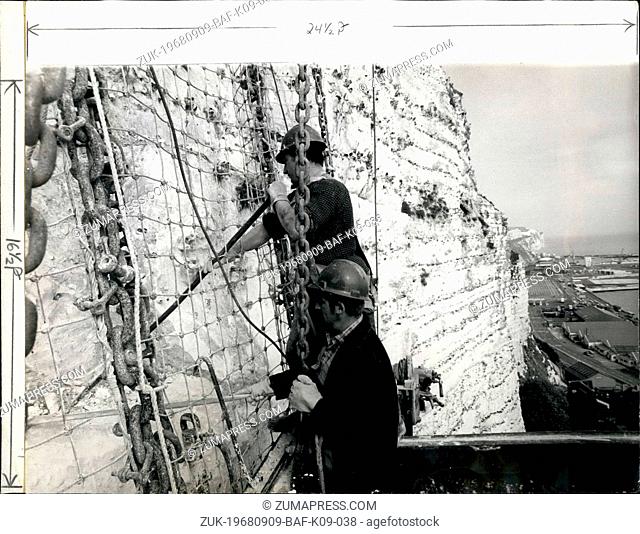 Sep. 09, 1968 - Strengthening the white cliffs.: With a fine view of Dover Harbor in the background, Mr. Dennis Smith, 29, of Dover and Mr