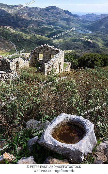 Looking across the Mani landscape from the abandoned village of Astriva near Itilo, Outer Mani, southern Peloponnese, Greece