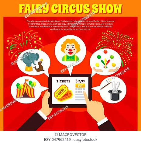Circus website concept with tablet and entertainment symbols flat vector illustration