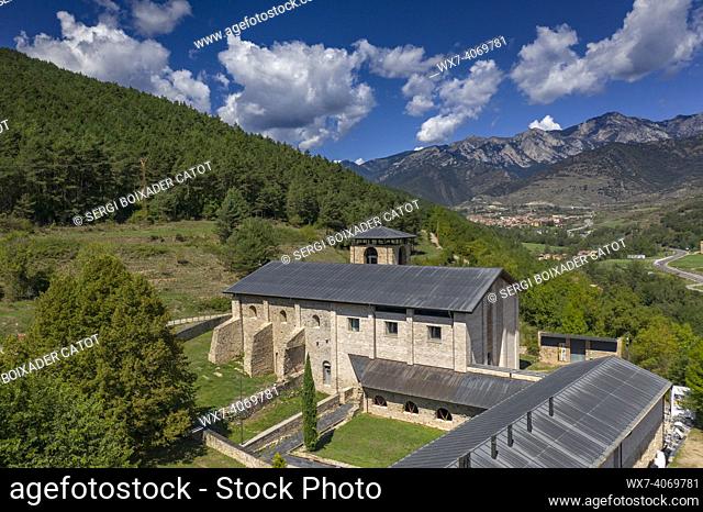 Aerial view of the monastery of Sant Llorenç prop Baga . In the background, Baga  and the Moixeró mountain range (Berguedá , Barcelona, Catalonia, Spain