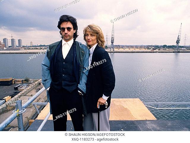 Jean Michel Jarre and Charlotte Rampling in the Isle of Dogs docklands in London in England in Great Britain in the United Kingdom UK Europe