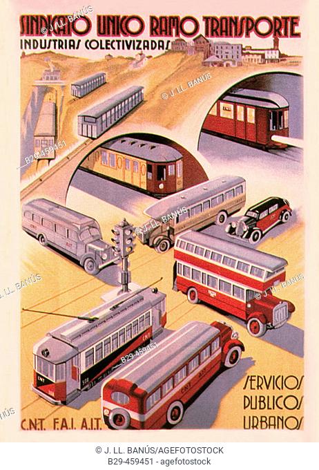 Spanish Second Republic: Sindicato Unico Ramo Transporte, anarchist trade unions propaganda (illustrator: Richard Brown, 1936)