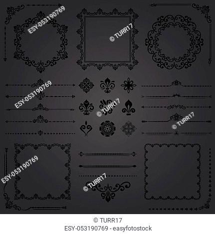 Vintage set of vector horizontal, square and round elements. Different elements for decoration and design frames, cards, menus, backgrounds and monograms