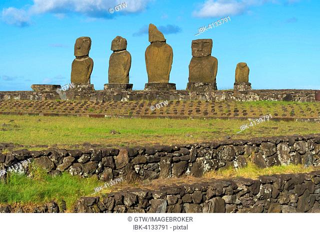 Moais at the Tahai ceremonial complex, Hanga Roa, Rapa Nui National Park, Unesco World Heritage Site, Easter Island, Chile