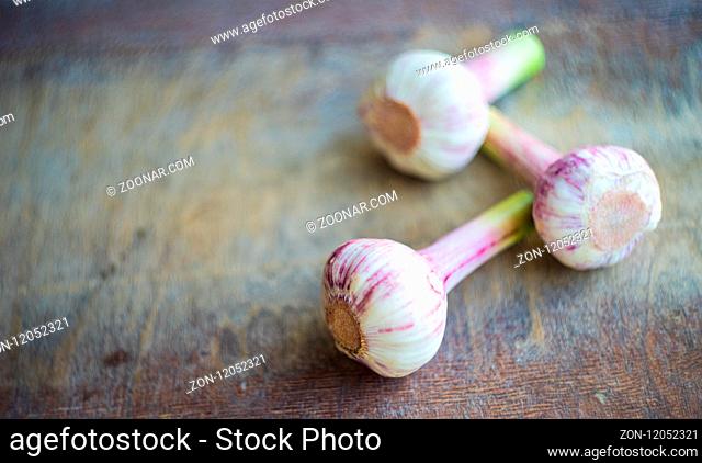 Fresh garlic heads on rustic wooden background with copy space