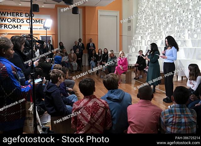 First lady Dr. Jill Biden and Brigitte Macron of France listen to poetry by Poet Laureate of the United States Ada Limón and former National Student Poet Maya...
