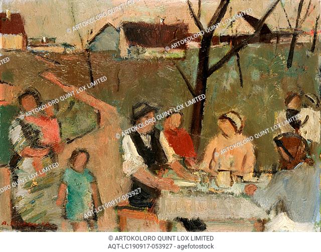 Family at the table in the open air, 1943, oil on board, 25.3 x 34.8 cm, Signed and dated lower left: A. Fiechter 43., Arnold Fiechter