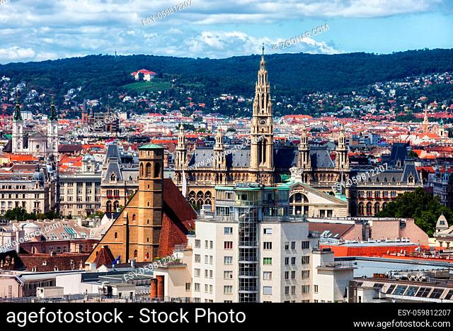 Austria, Vienna, cityscape with Rathaus - City Hall and Minoritenkirche church
