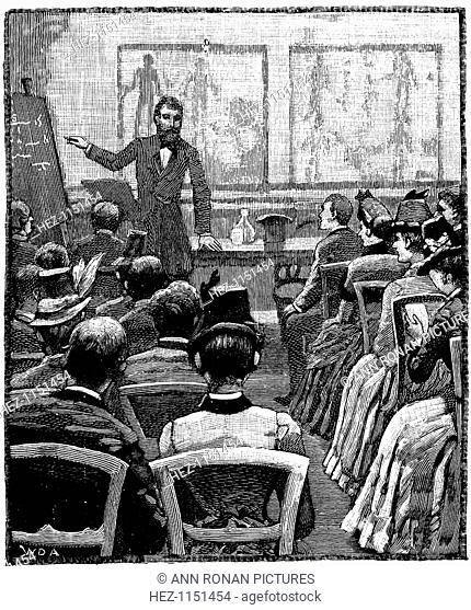 Lecture on physiology and hygiene in progress at the Young Men's Christian Association (YMCA), Exeter Hall, London. Wood engraving