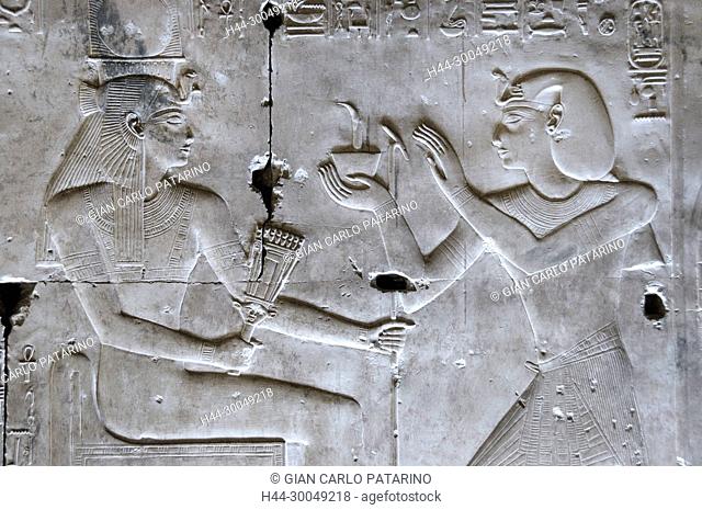 Abydos, Egypt, the mortuary temple of pharaoh Seti I, Menmaatra, (XIX° dyn. 1321-1186 B.C.) - The pharaoh incenses the goddess Mut
