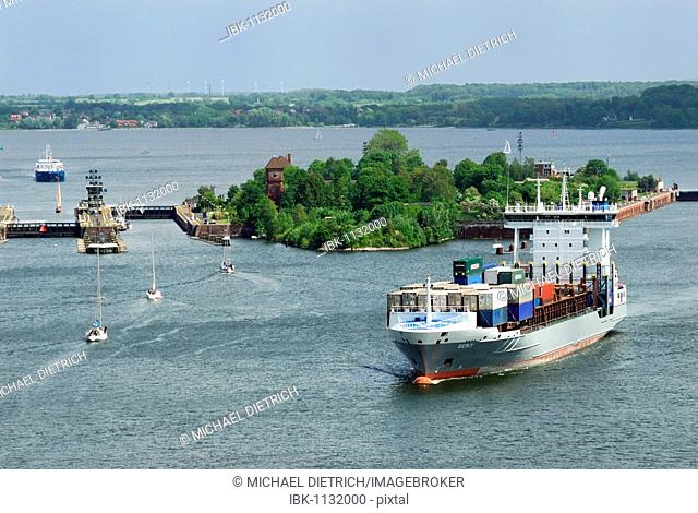 Schleuse Holtenau lock with container ship and sailing ships, Kiel, Schleswig-Holstein, Germany, Europe