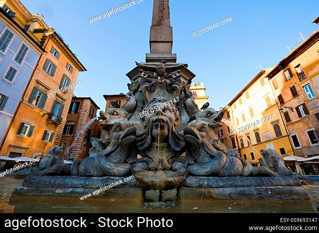 Fountain on the Piazza della Rotonda in Rome, Italy. Frame, photographed wide-angle lens