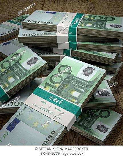 Bundled hundred euro bills, money stacks, computer graphics