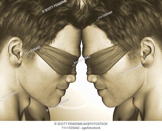 3d image of 2 blindfolded men against bright background
