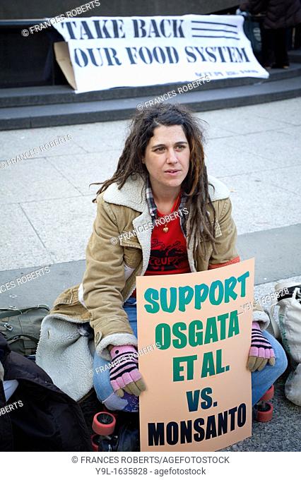 Activists gather in Foley Square in New York to support OSGATA farmers in their litigation against Monsanto to protect their crops from genetic trespass by the...