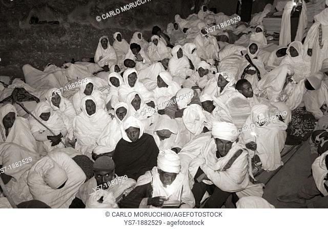 Pilgrims praying during Orthodox Christmas in Lalibela, Ethiopia, Africa