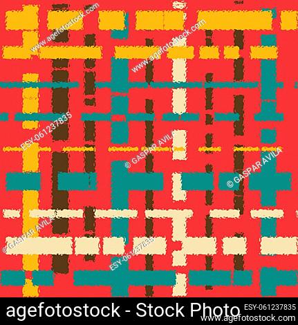 Colorful line segments on a dark red coral background. Geometric pattern