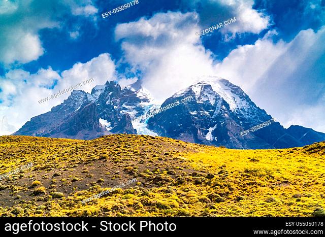 Natural landscape of Torres del Paine National Park in Chilean Patagonia in the sunny day