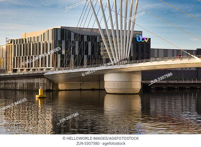 ITV studios for Coronation Street production and Media City Footbridge over Manchester Ship Canal, Salford Quays, Greater Manchester, England