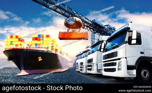 LKW und Schiff mit Containern als Symbol für den internationalen Handel
