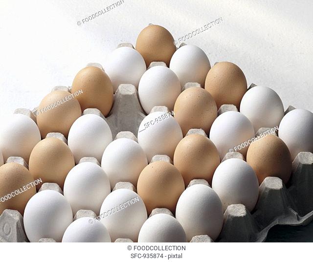 White and brown eggs in an egg tray