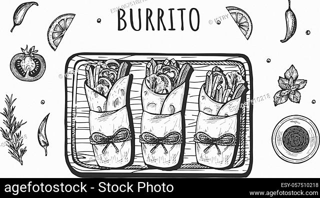 Vector illustration of mexican style dinner set. Three burito served in paper on the doard with salsa sauce, spices and vegetables on the side