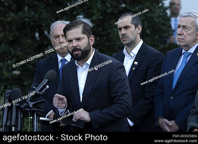 President Gabriel Boric of Chile speaks to the media after meeting with United States President Joe Biden at the White House in Washington, DC on Thursday