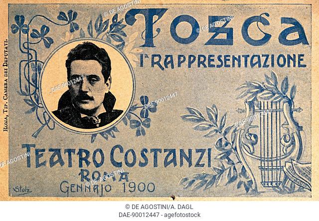 Postcard created on the occasion of the premiere of the opera Tosca, by Giacomo Puccini (1858-1924), performed at the Costanzi Theatre in Rome, January 1900