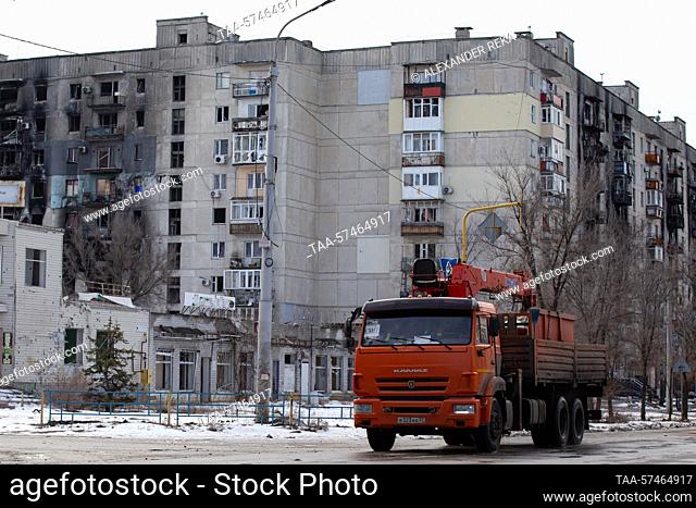 RUSSIA, SEVERODONETSK - FEBRUARY 20, 2023: A building damaged in shelling strikes. The Lugansk People's Republic acceded to Russia as a result of a referendum...
