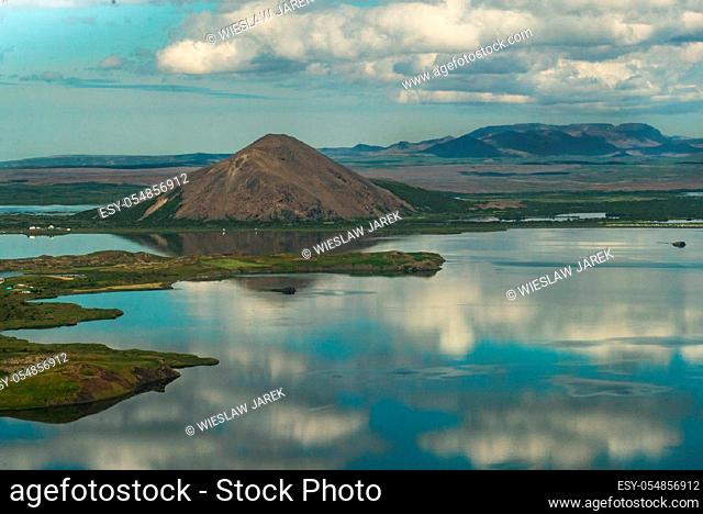 Volcanic craters in Iceland aerial view from above, Myvatn lake