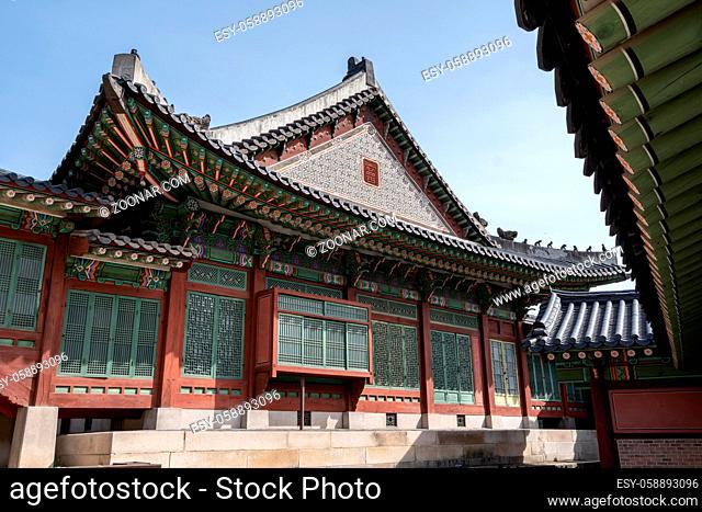 various architecture and traditional historic elements in Changdeok gung palace in Seoul, South Korea