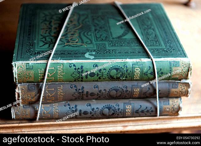 Vintage books in different shades of green in bookcase
