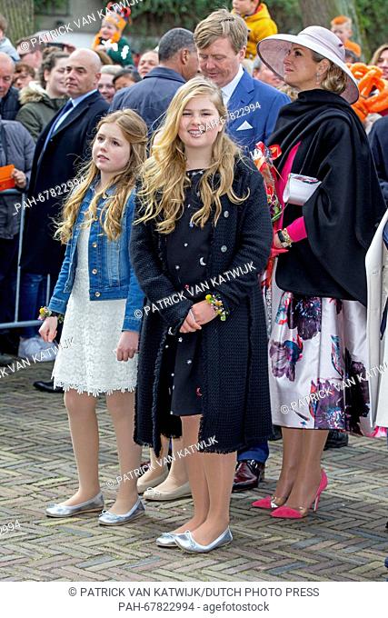 King Willem-Alexander, Queen Maxima, Princess Amalia, Princess Alexia and Princess Ariane of The Netherlands attend the Kingsday celebration in Zwolle